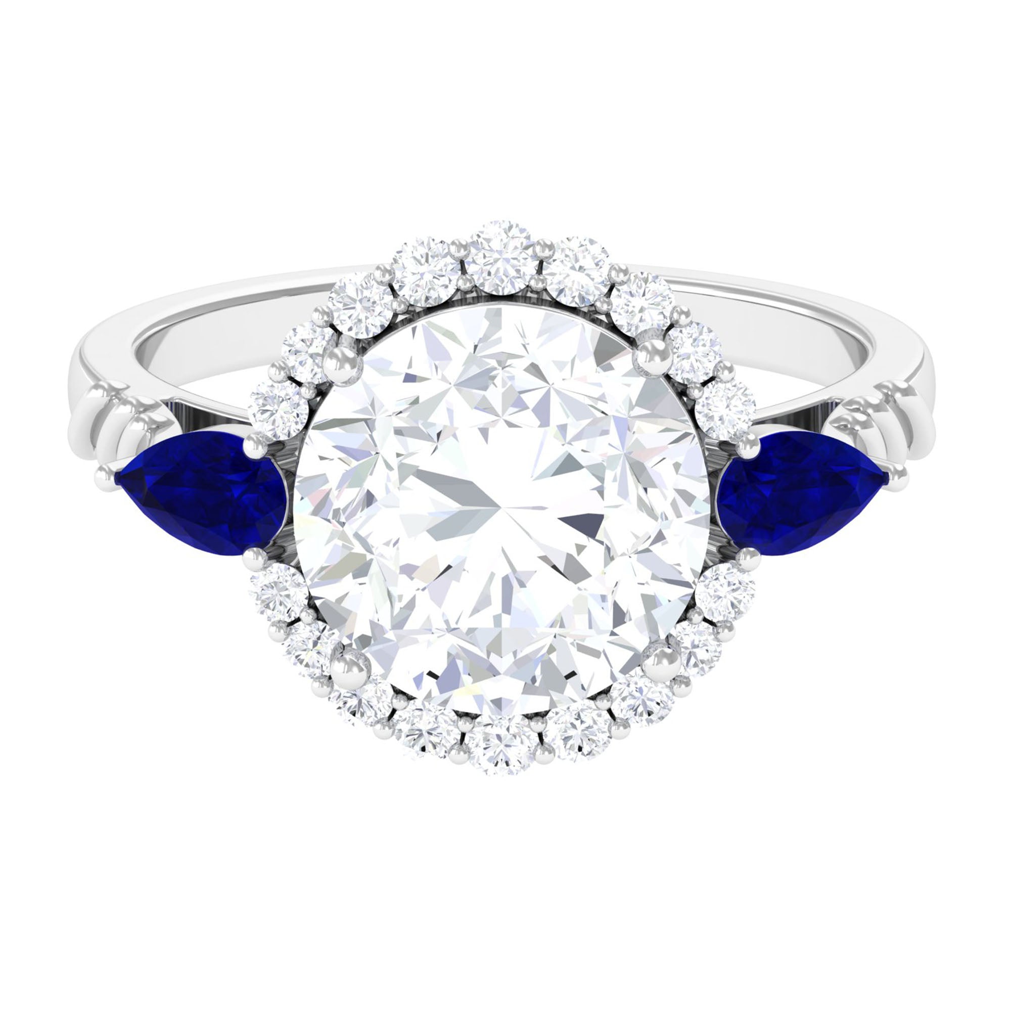 Minimal Moissanite Halo Engagement Ring with Blue Sapphire D-VS1 10 MM - Sparkanite Jewels