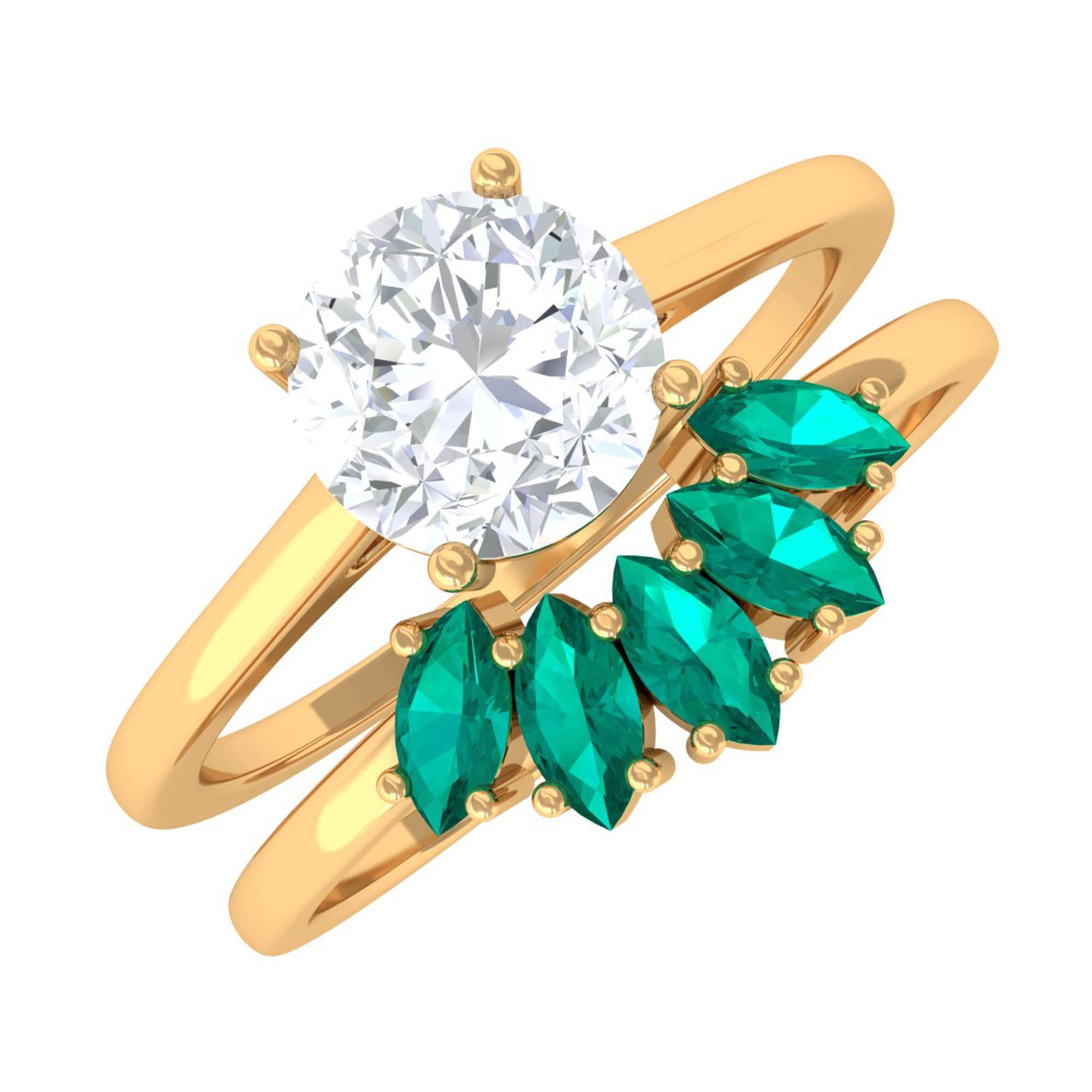 Round Moissanite Solitaire Ring Set with Emerald D-VS1 6 MM - Sparkanite Jewels
