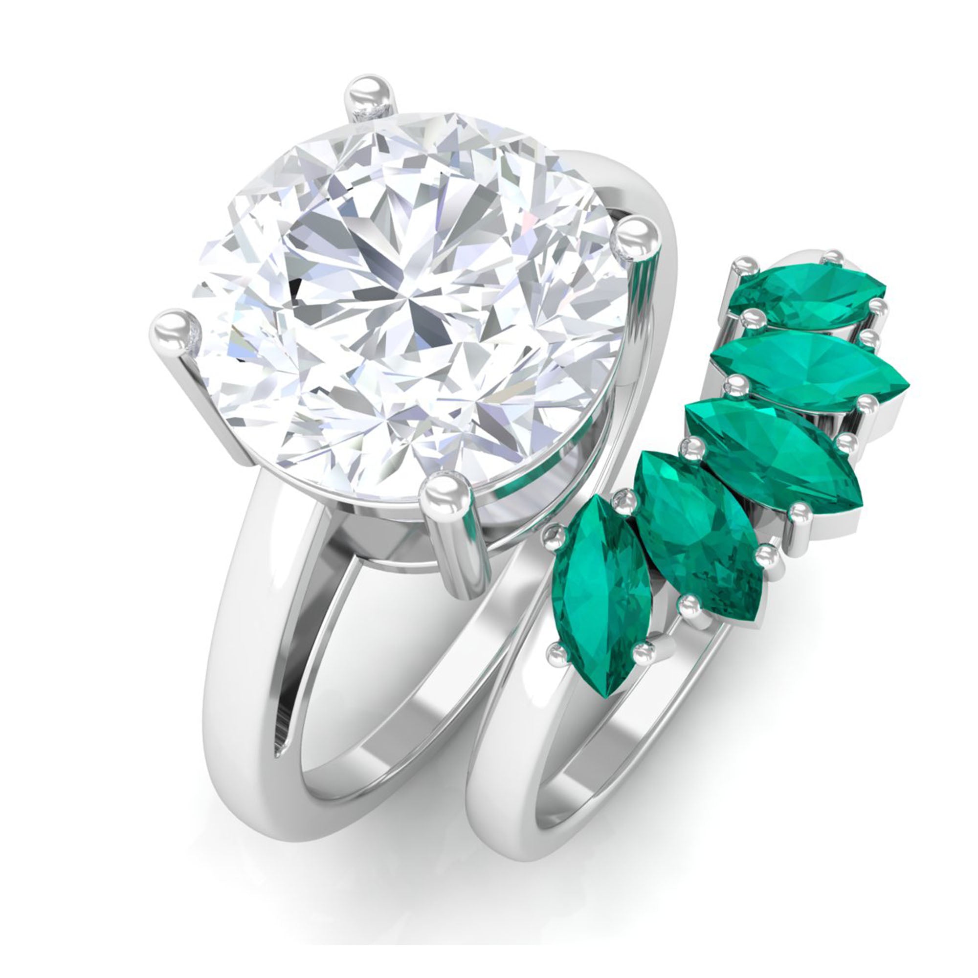 Round Moissanite Solitaire Ring Set with Emerald D-VS1 10 MM - Sparkanite Jewels