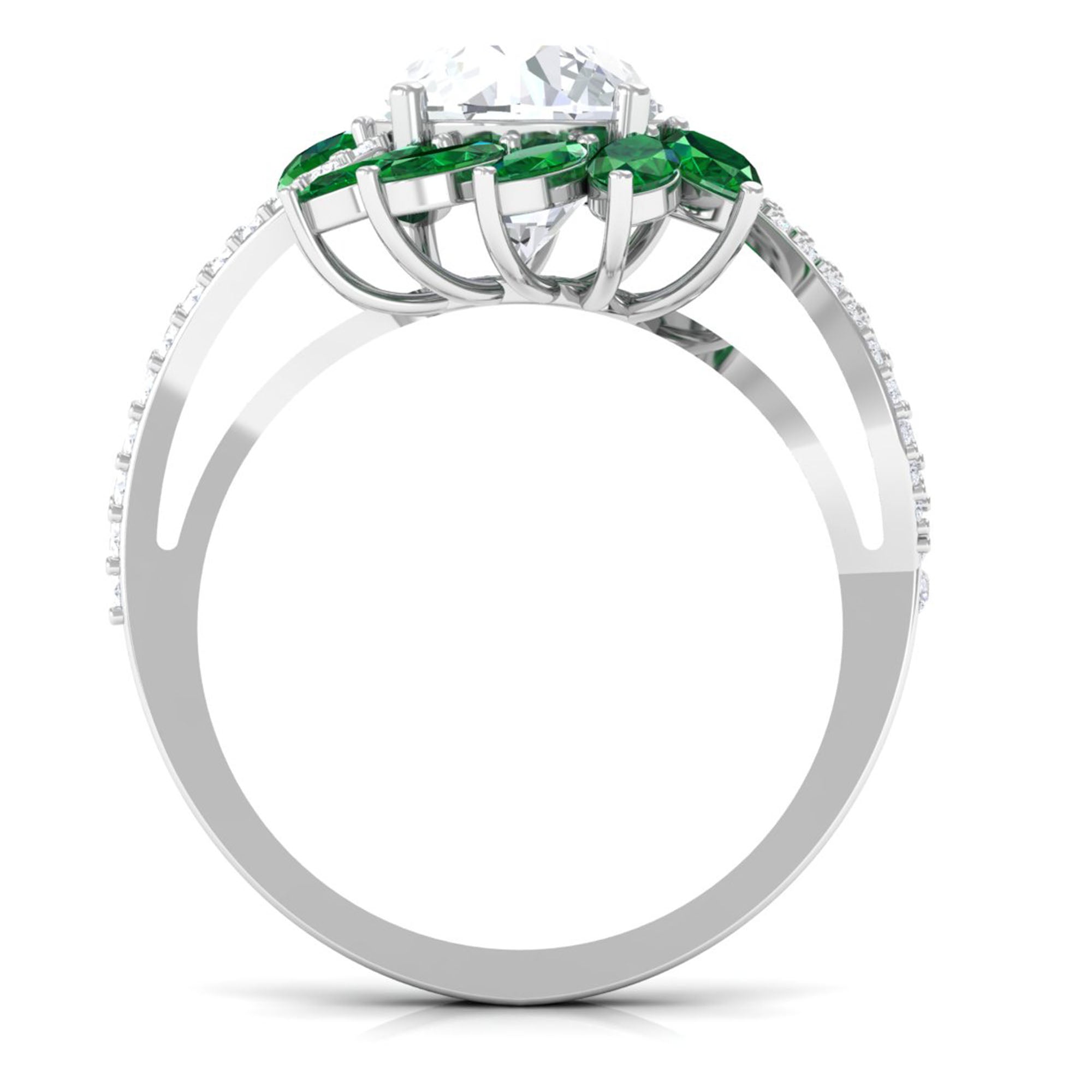 Moissanite Statement Flower Inspired Ring with Created Emerald D-VS1 10 MM - Sparkanite Jewels