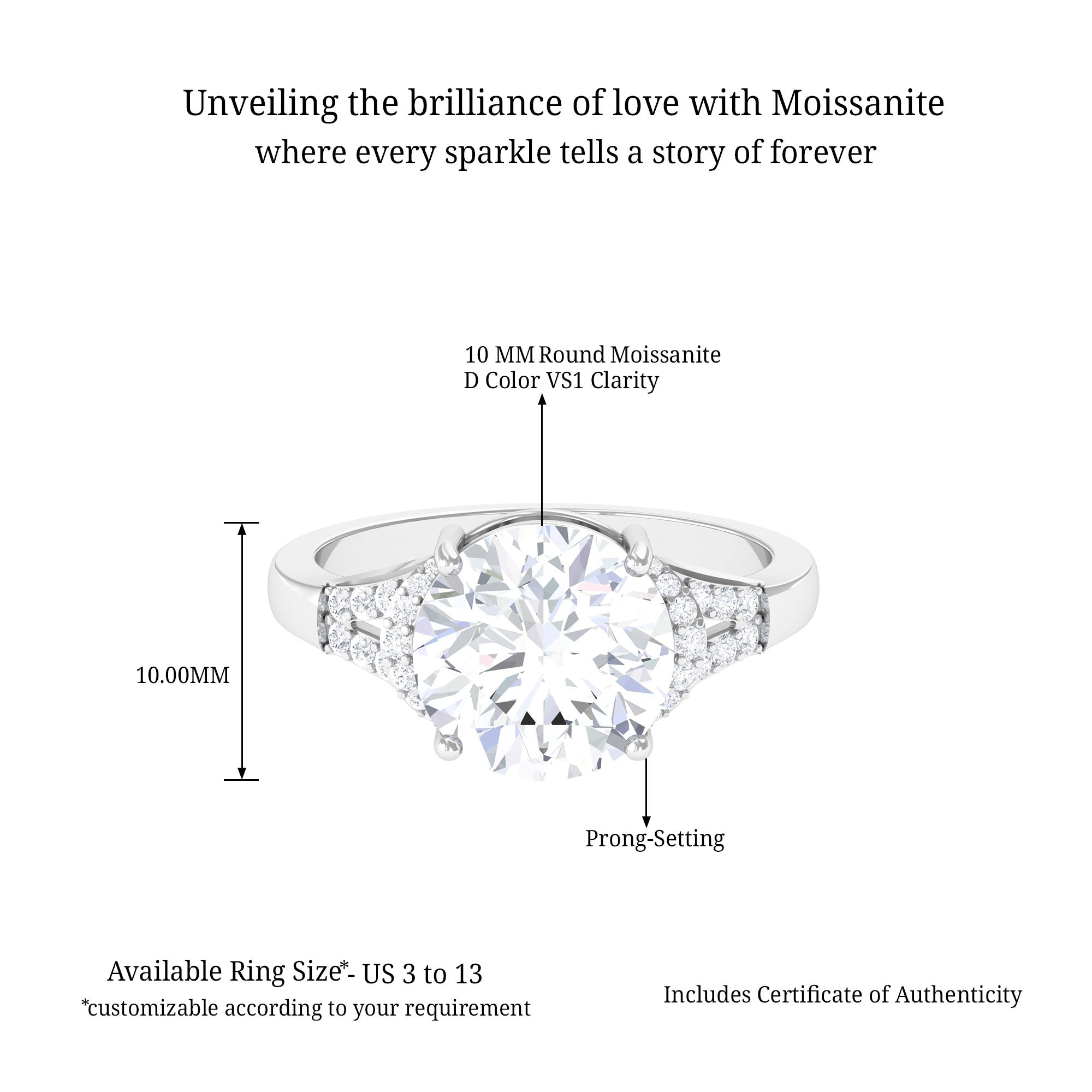 Round Shape Moissanite Classic Solitaire Engagement Ring D-VS1 10 MM - Sparkanite Jewels