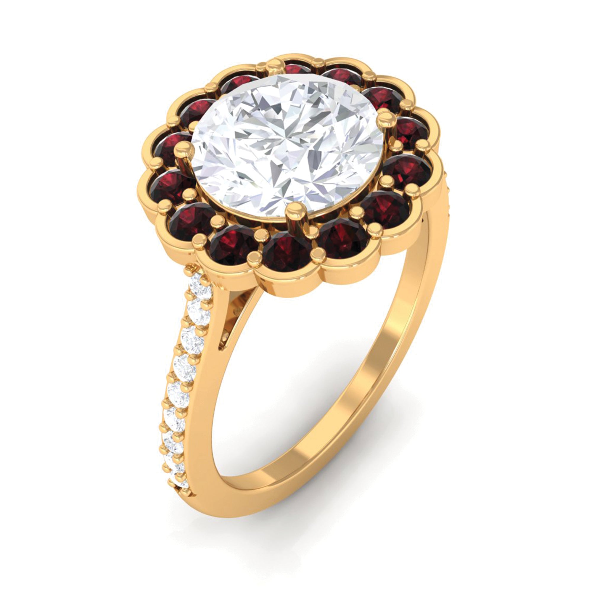 Sparkanite Jewels-Certified Moissanite Cocktail Halo Ring with Garnet