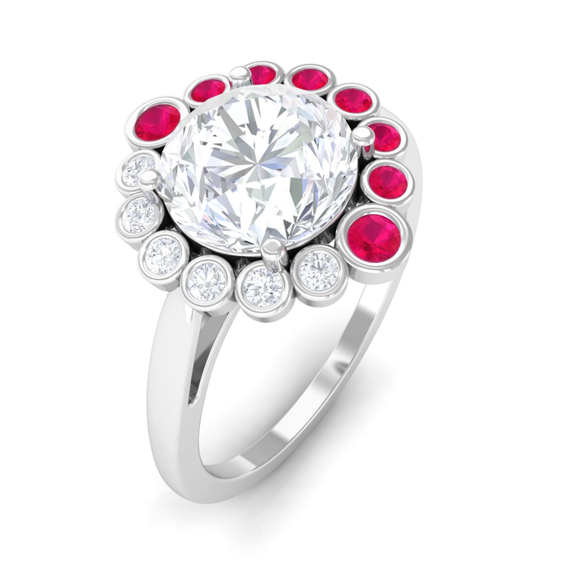 Moissanite and Ruby Cocktail Halo Engagement Ring D-VS1 8 MM - Sparkanite Jewels
