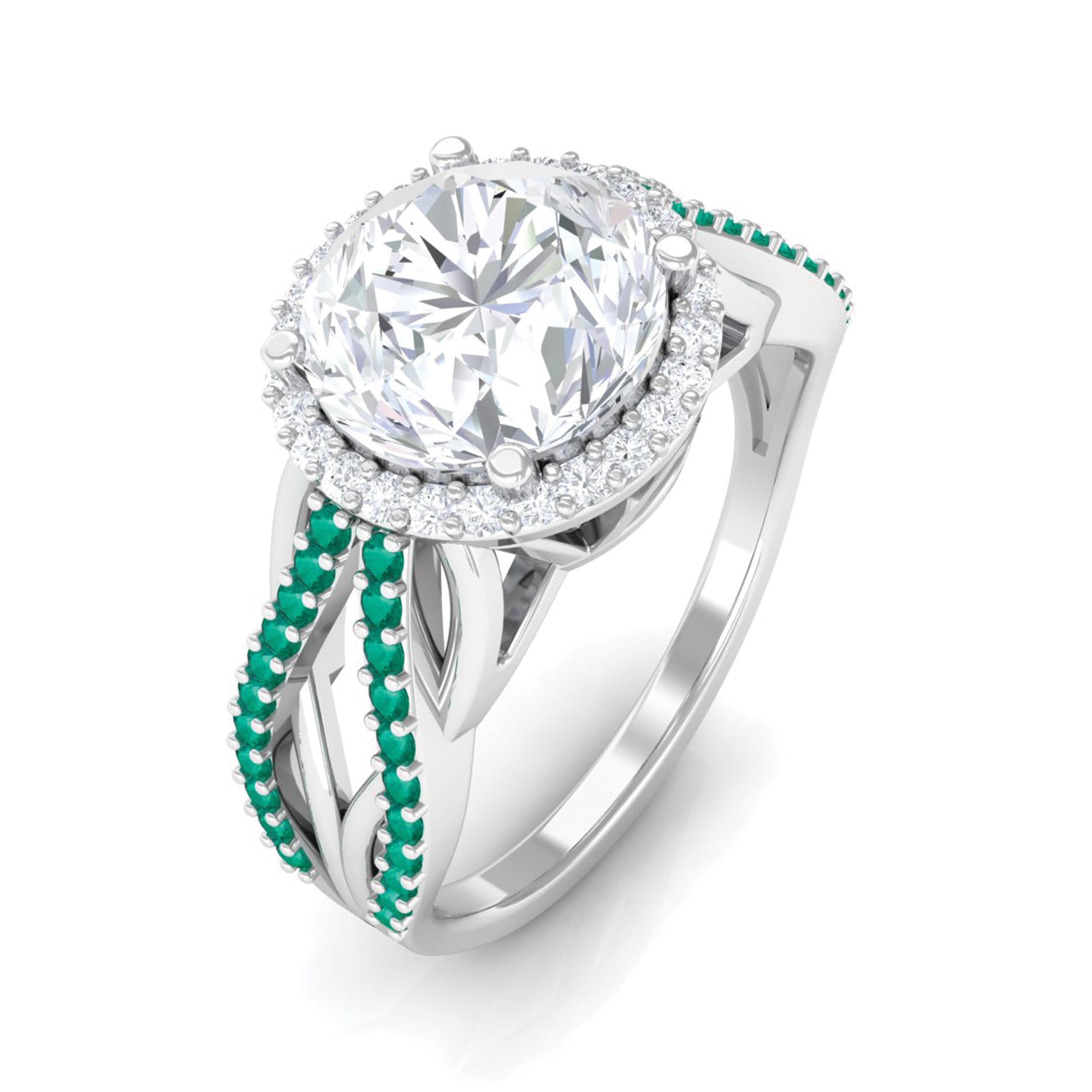 Round Moissanite Designer Halo Engagement Ring with Emerald D-VS1 8 MM - Sparkanite Jewels
