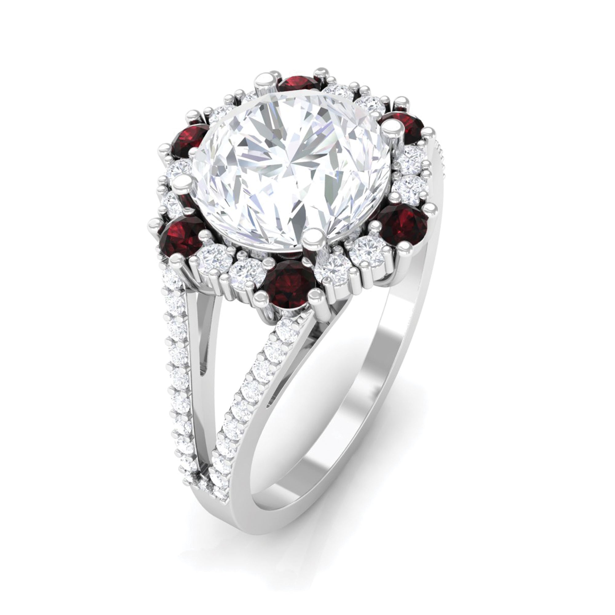 Sparkanite Jewels-Vintage Style Moissanite and Garnet Halo Engagement Ring in Split Shank