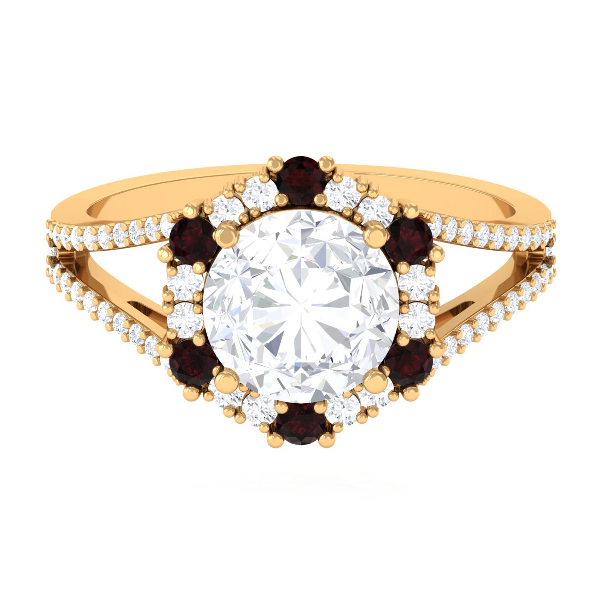 Sparkanite Jewels-Vintage Style Moissanite and Garnet Halo Engagement Ring in Split Shank