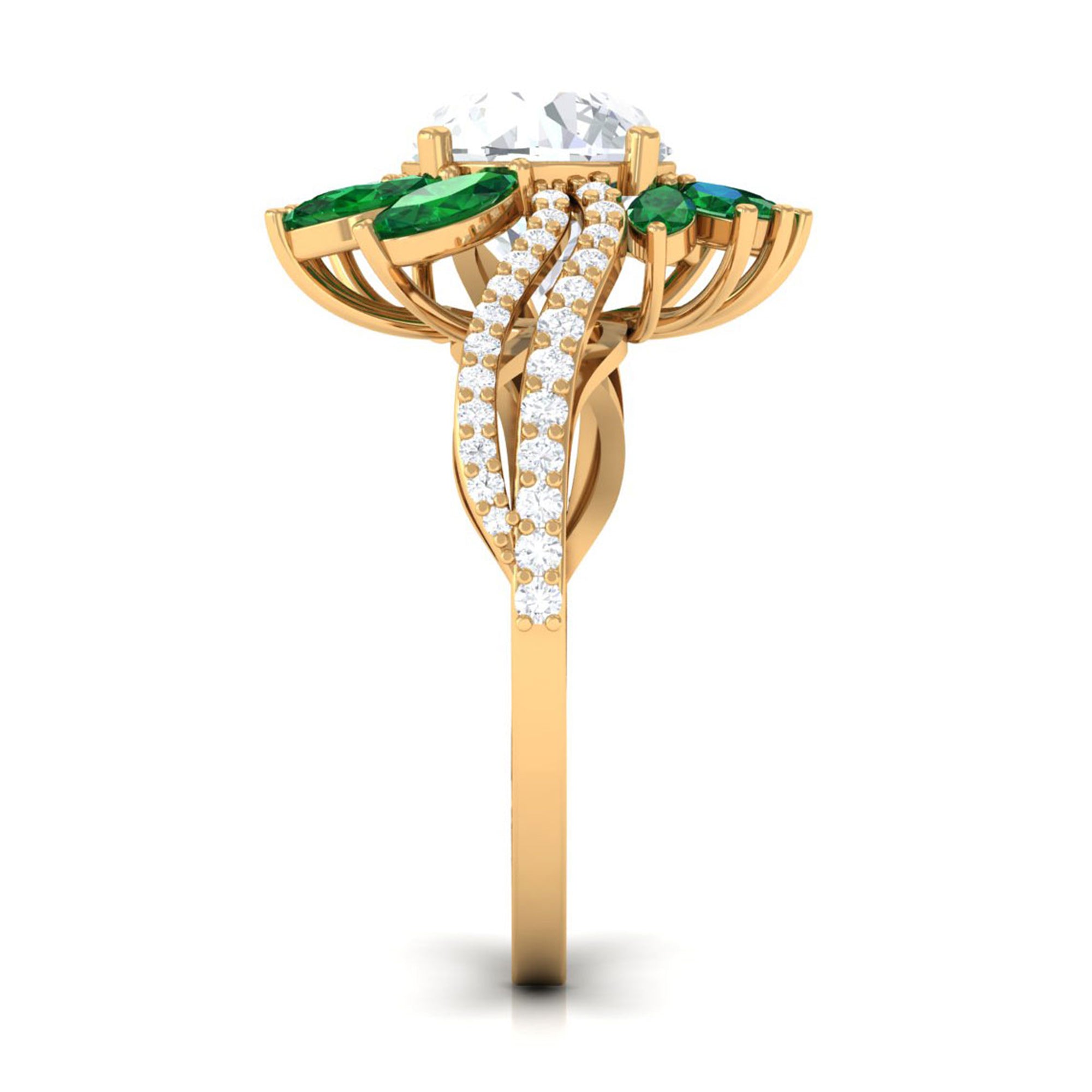Moissanite Statement Flower Inspired Ring with Created Emerald D-VS1 8 MM - Sparkanite Jewels
