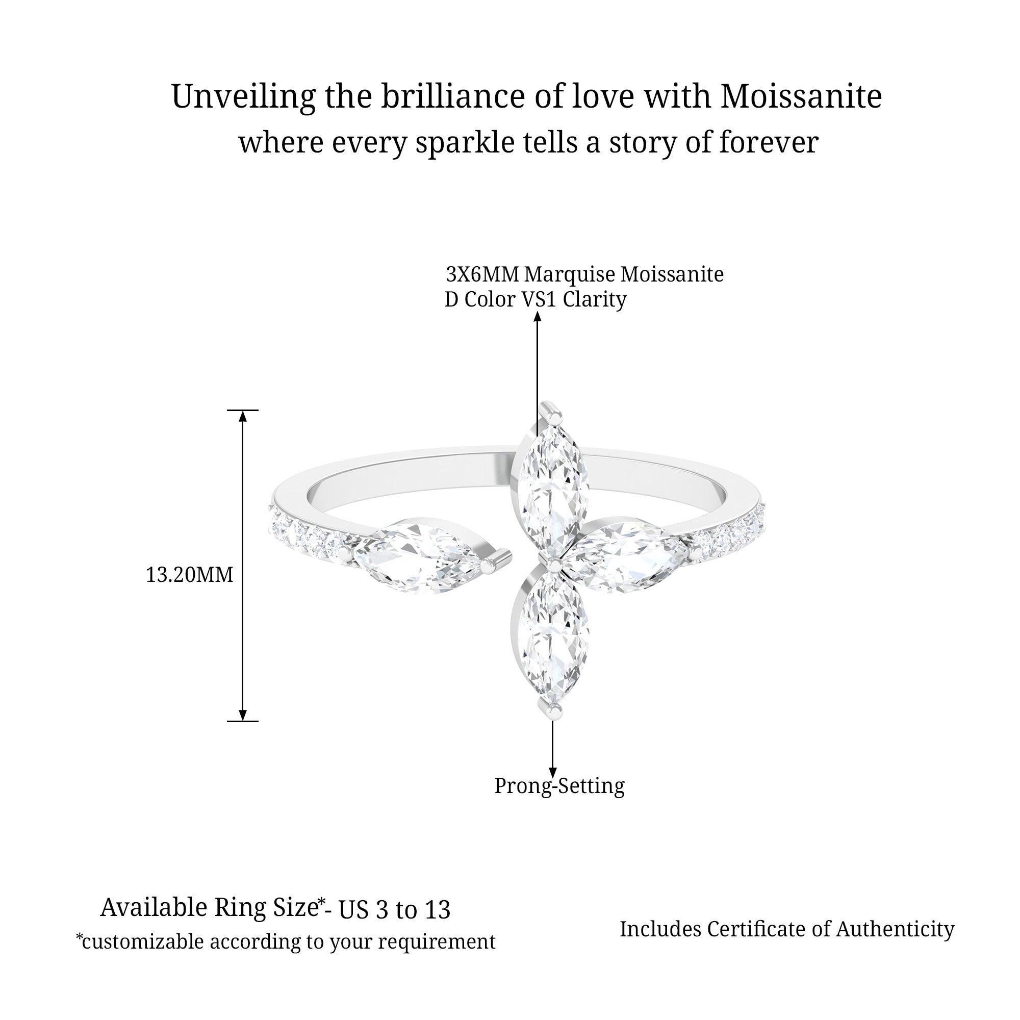 Sparkanite Jewels-Minimal Marquise Shape Moissanite Flower Cuff Ring