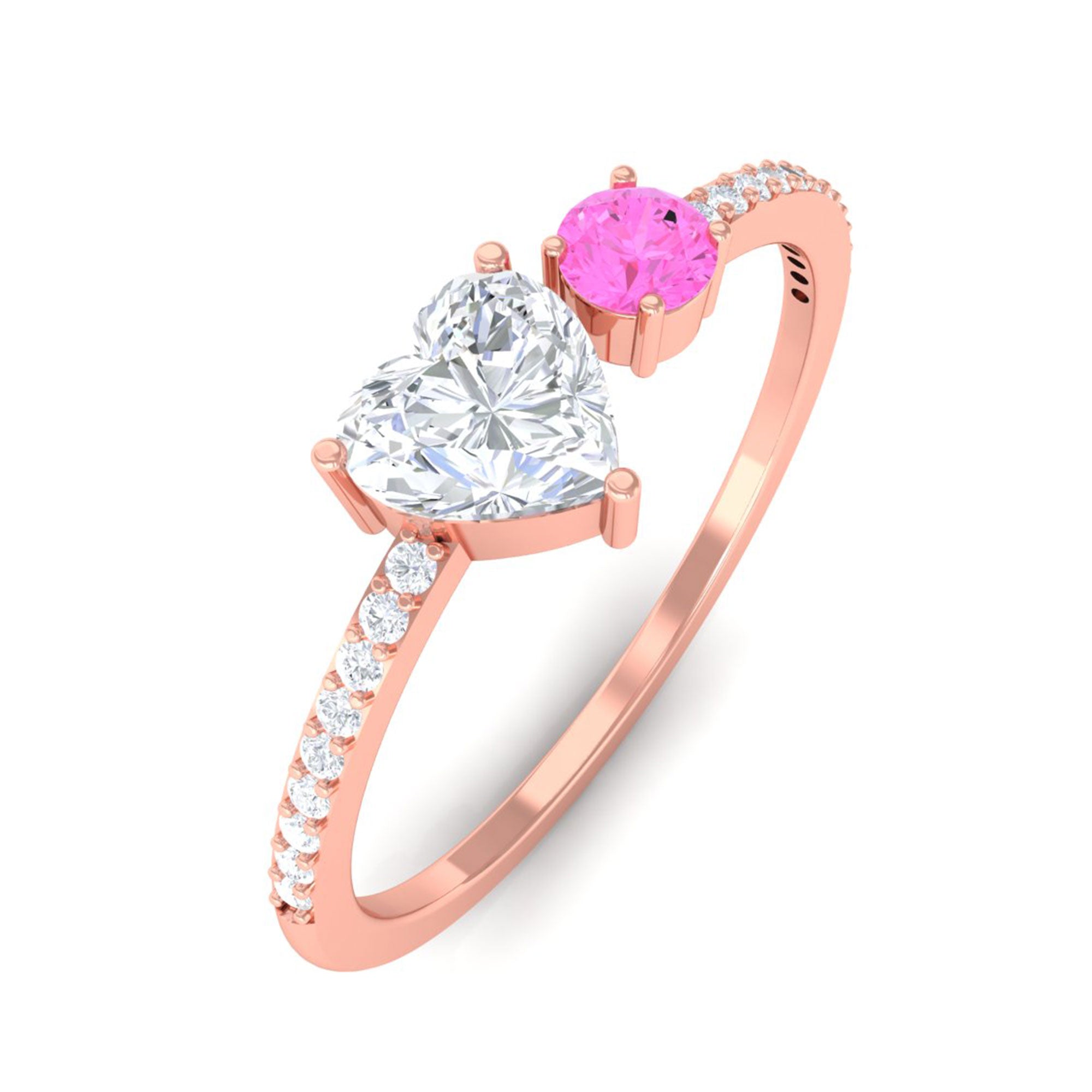 Sparkanite Jewels-Minimal Heart Shape Moissanite Toi Et Moi Ring with Pink Sapphire