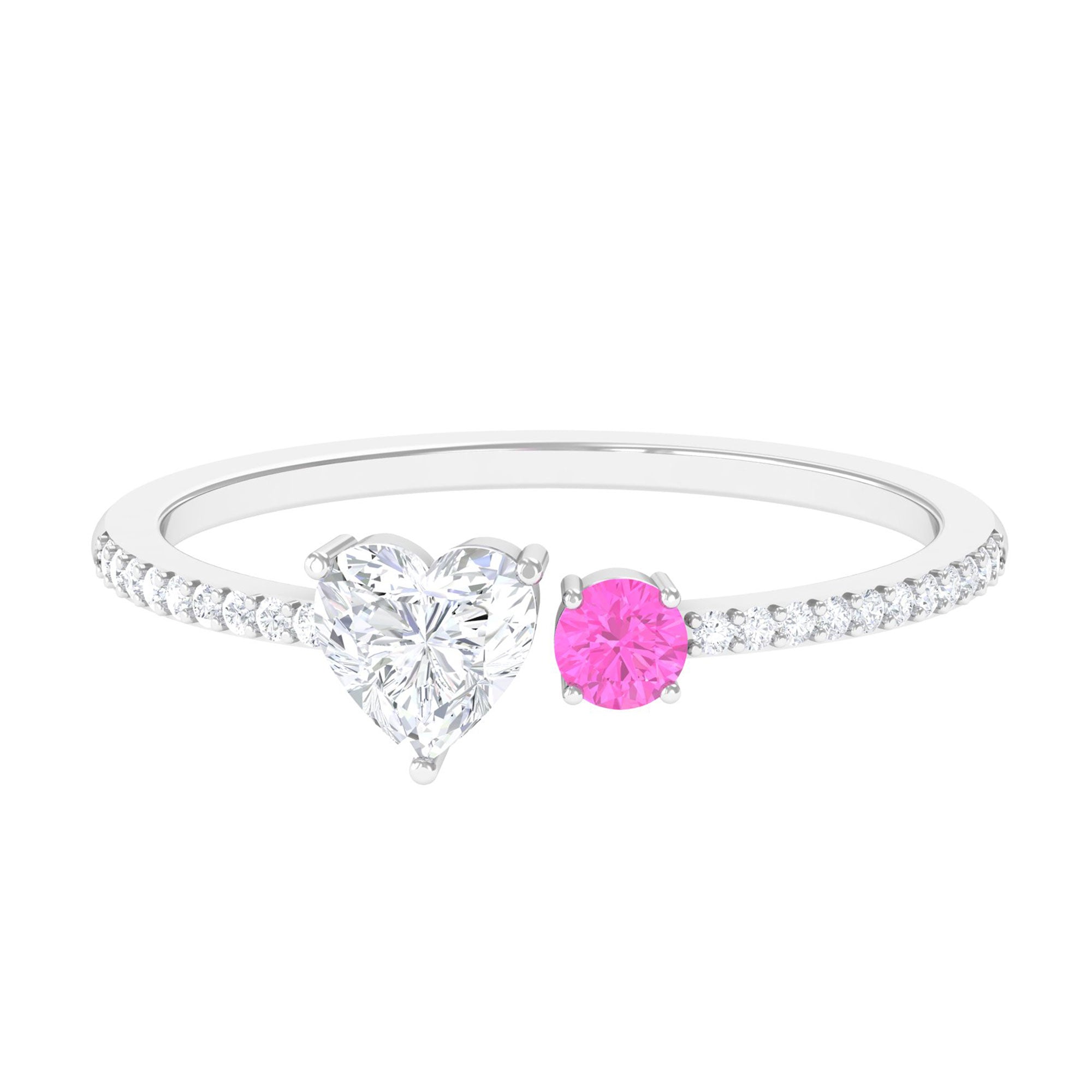 Sparkanite Jewels-Minimal Heart Shape Moissanite Toi Et Moi Ring with Pink Sapphire