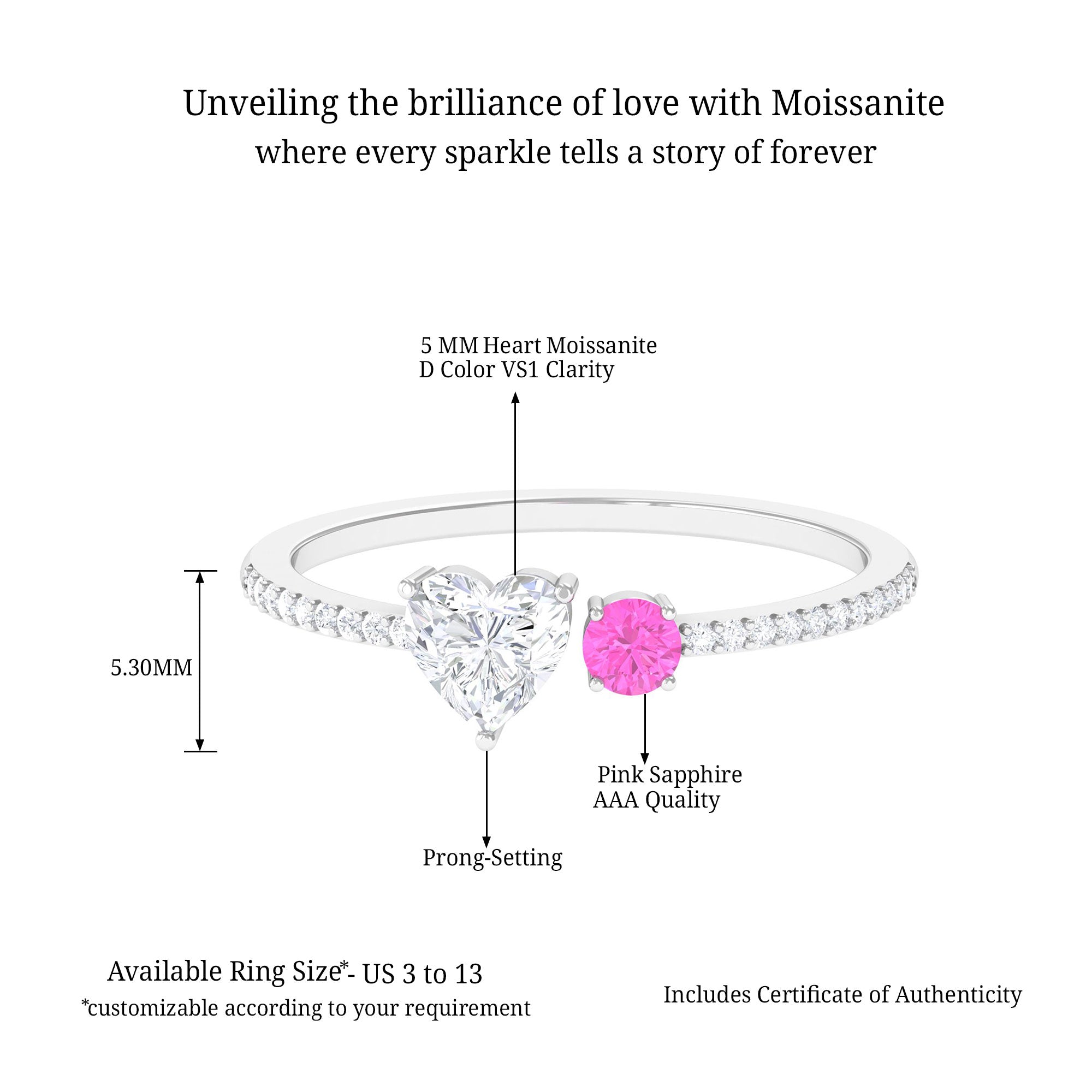 Sparkanite Jewels-Minimal Heart Shape Moissanite Toi Et Moi Ring with Pink Sapphire