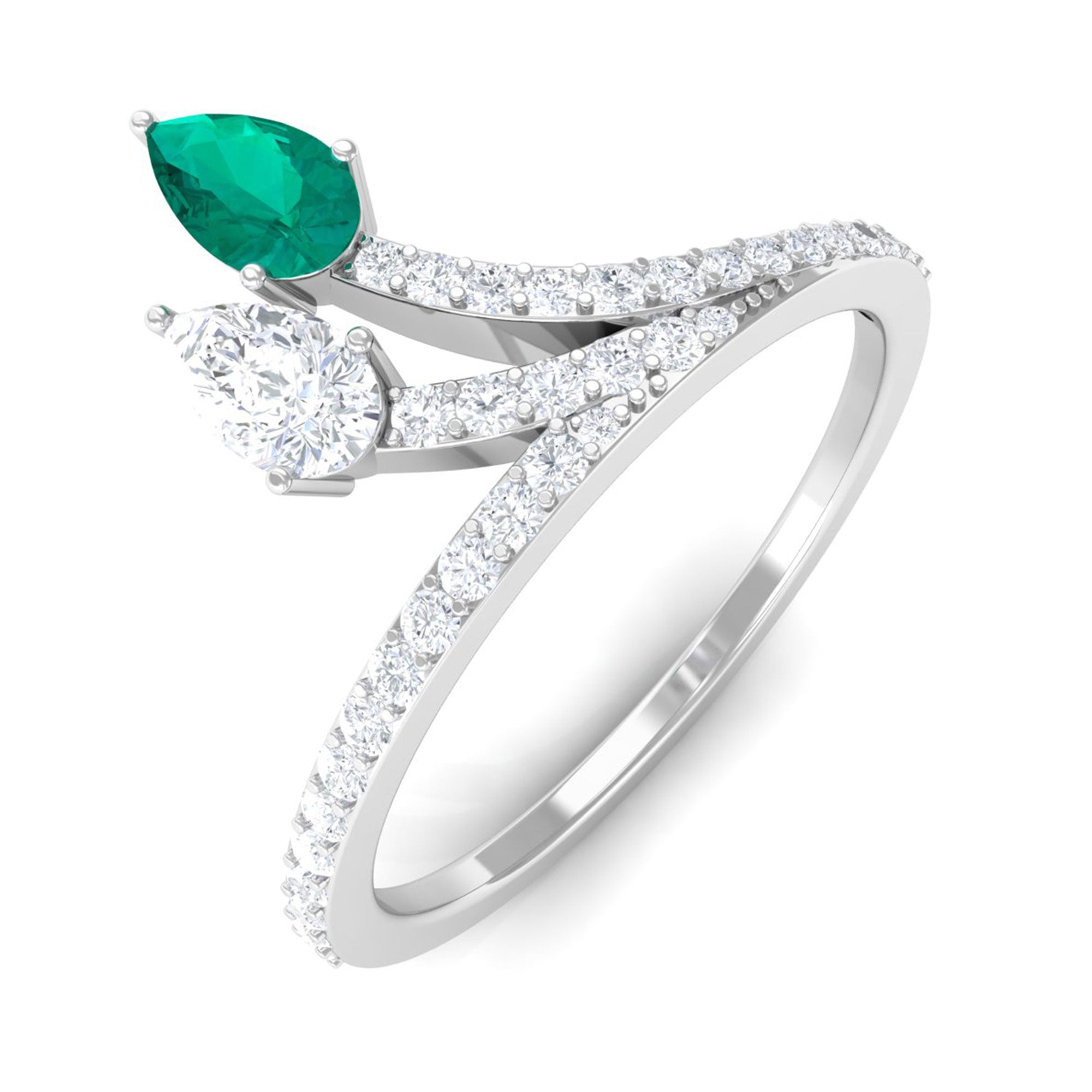 Sparkanite Jewels-Minimal Pear Shape Moissanite and Emerald Leaf Ring