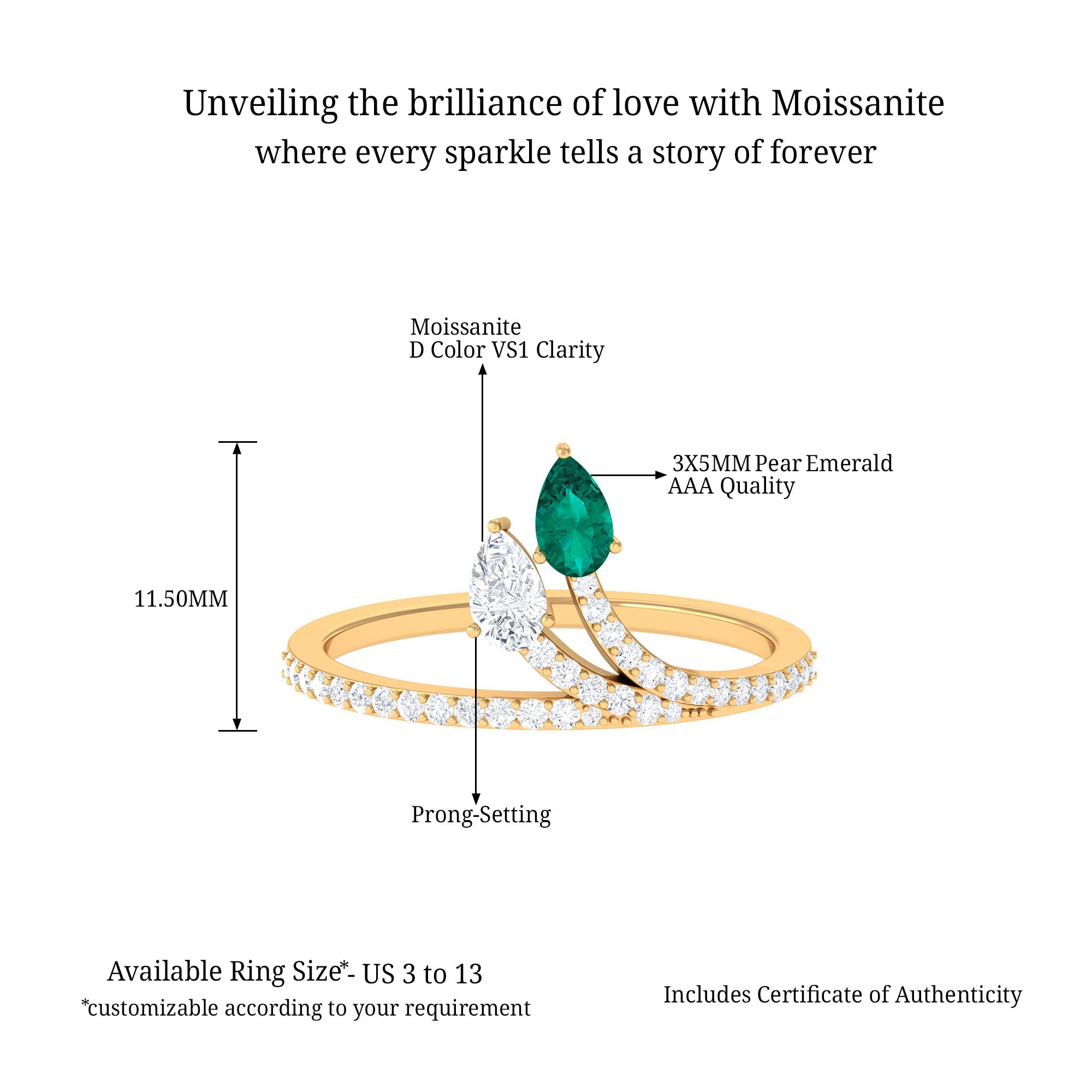 Sparkanite Jewels-Minimal Pear Shape Moissanite and Emerald Leaf Ring