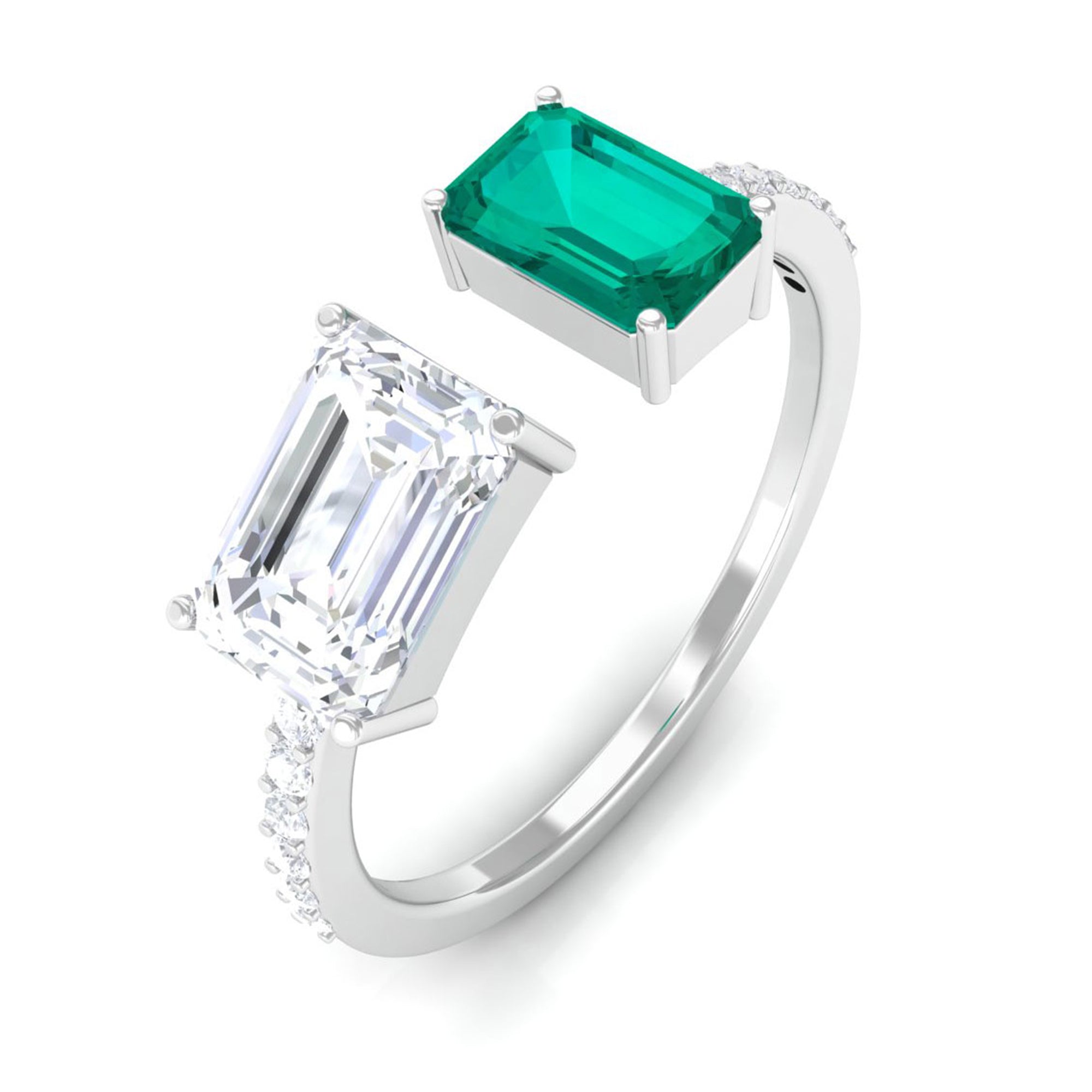 Octagon Cut Moissanite and Emerald Toi Et Moi Cuff Ring D-VS1 - Sparkanite Jewels