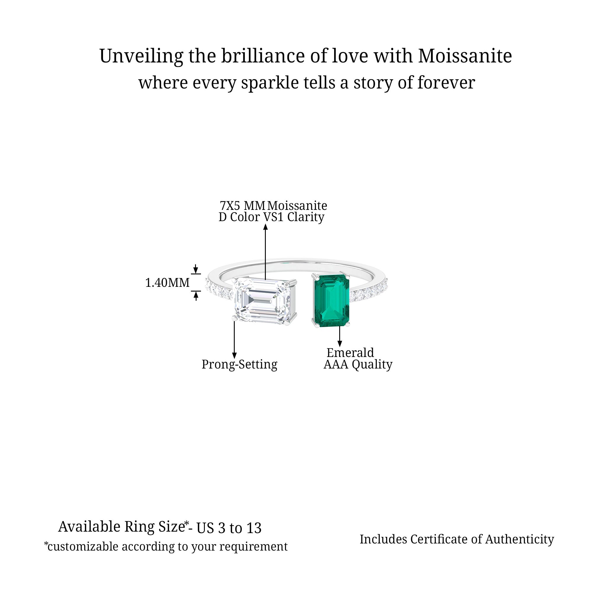 Octagon Cut Moissanite and Emerald Toi Et Moi Cuff Ring D-VS1 - Sparkanite Jewels