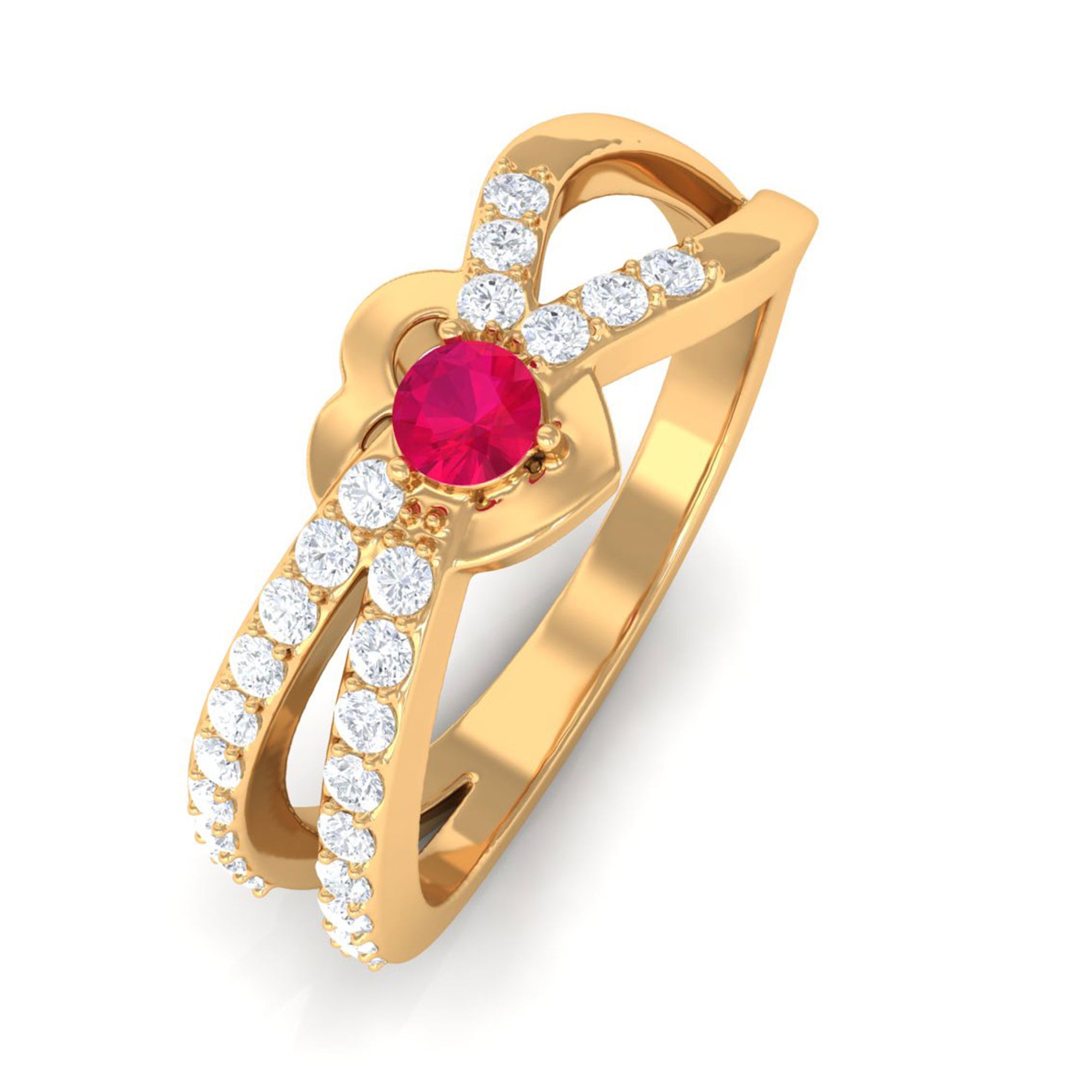 Sparkanite Jewels-Split Shank Heart Promise Ring with Moissanite and Ruby