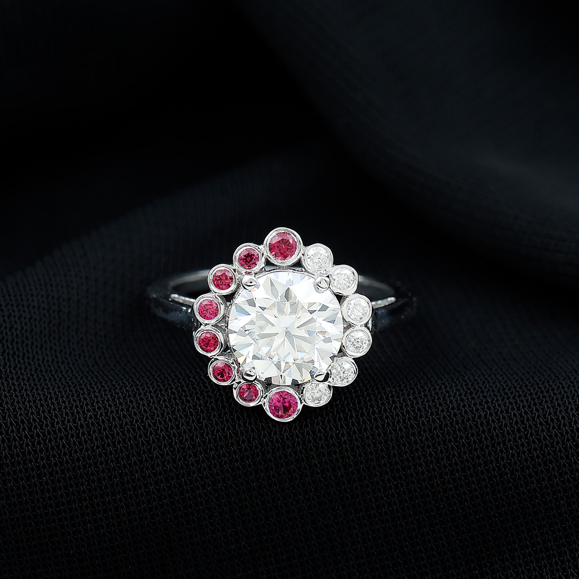 Sparkanite Jewels-Moissanite Cocktail Halo Ring with Lab Created Ruby