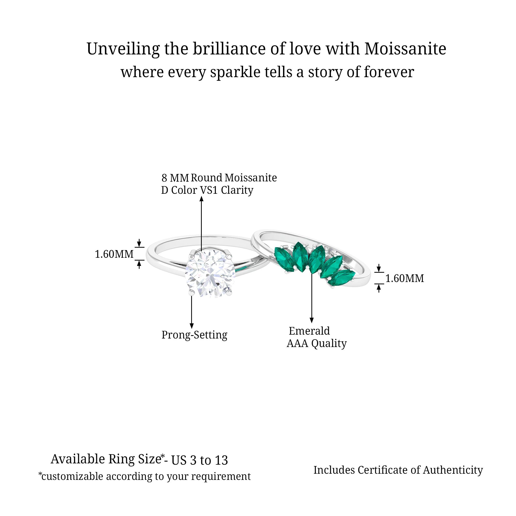 Round Moissanite Solitaire Ring Set with Emerald D-VS1 8 MM - Sparkanite Jewels