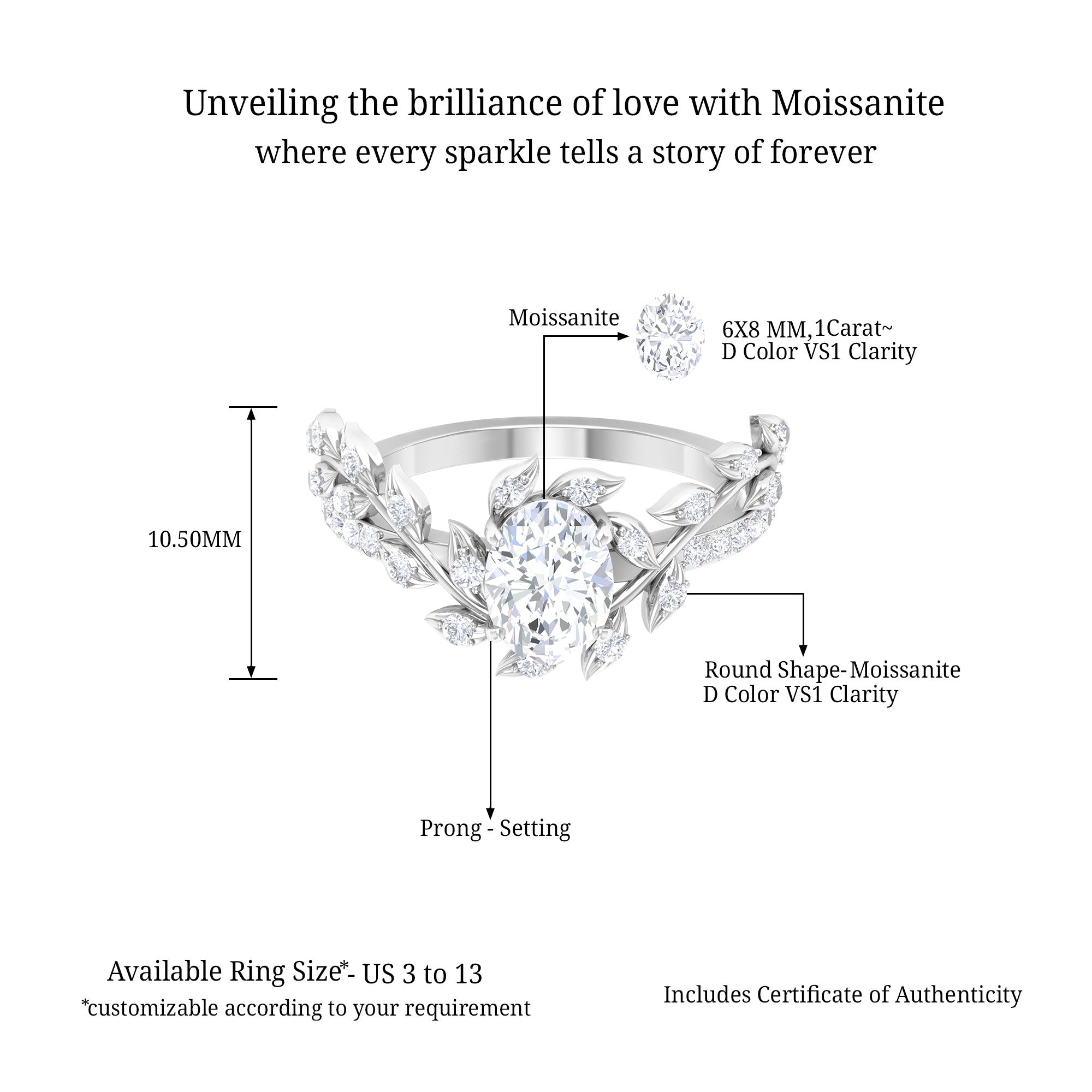 Nature Inspired Moissanite Engagement Ring D-VS1 - Sparkanite Jewels